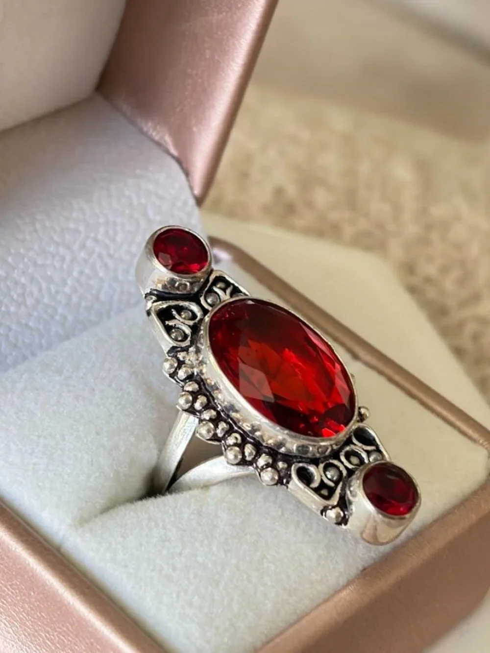 Simulated Garnet Three Stone Statement Ring 925 Silver Plated - Size 7